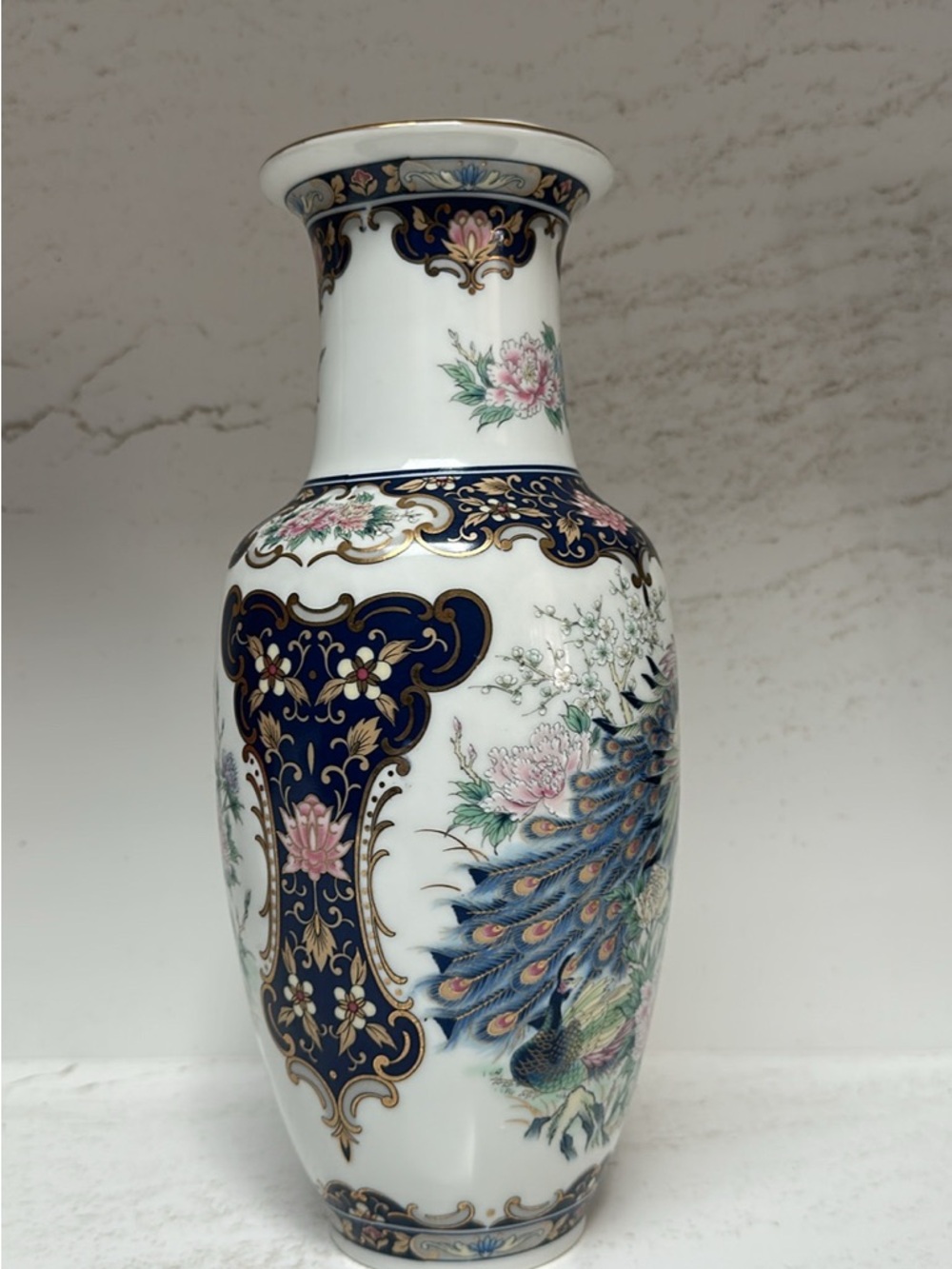 Vintage Peacock Gilt Trimmed Urn Vase by Toyo
